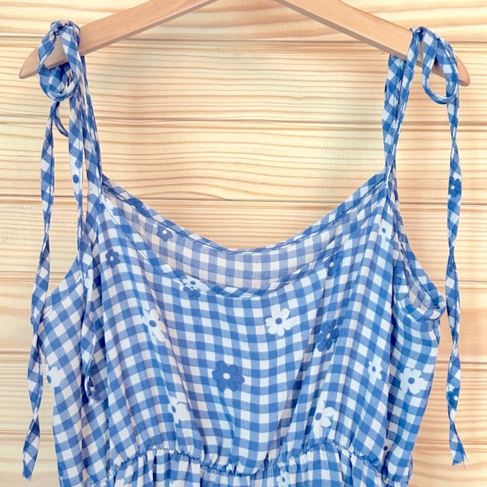 Altar'd State Alaina Mini Ruffle Dress Blue & White Gingham Daisy Flowers Sz XS - Picture 6 of 9